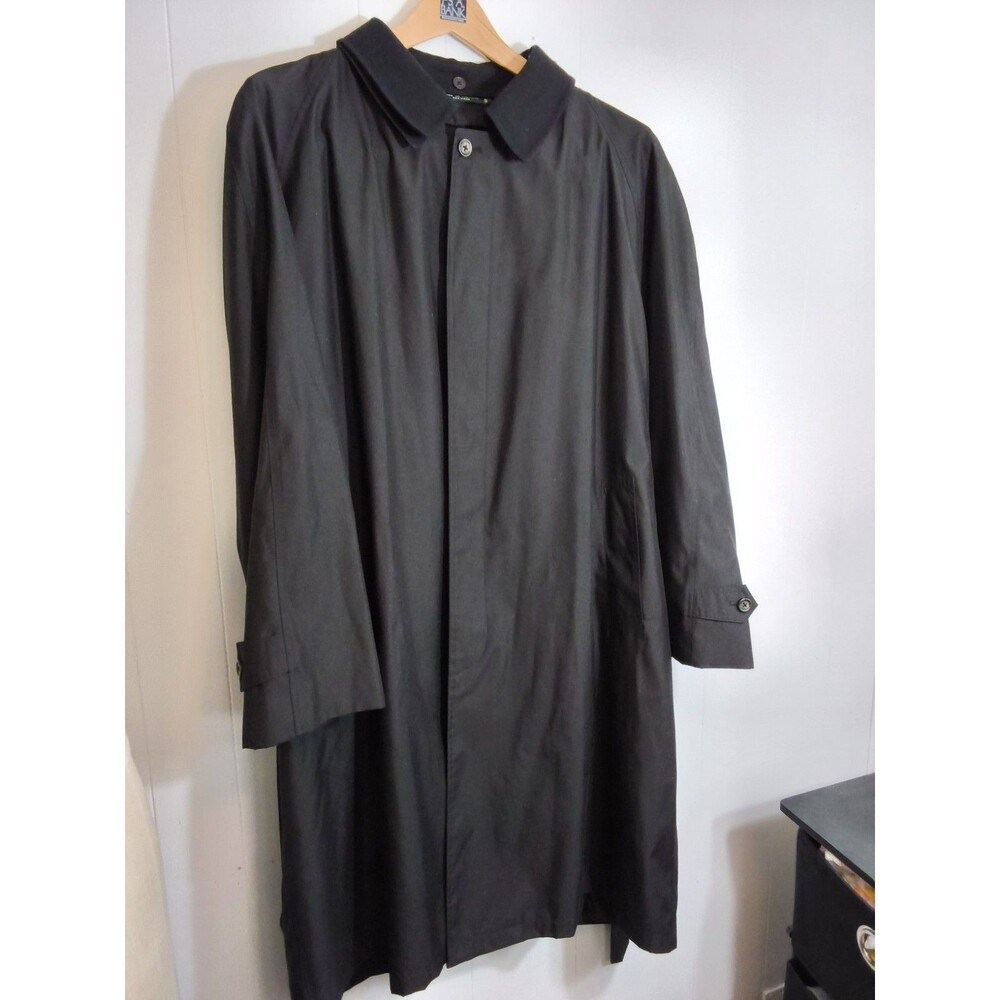Vtg  Ralph Lauren Men Trench Coat Leather Collar Black Size 46R Hidden Button
